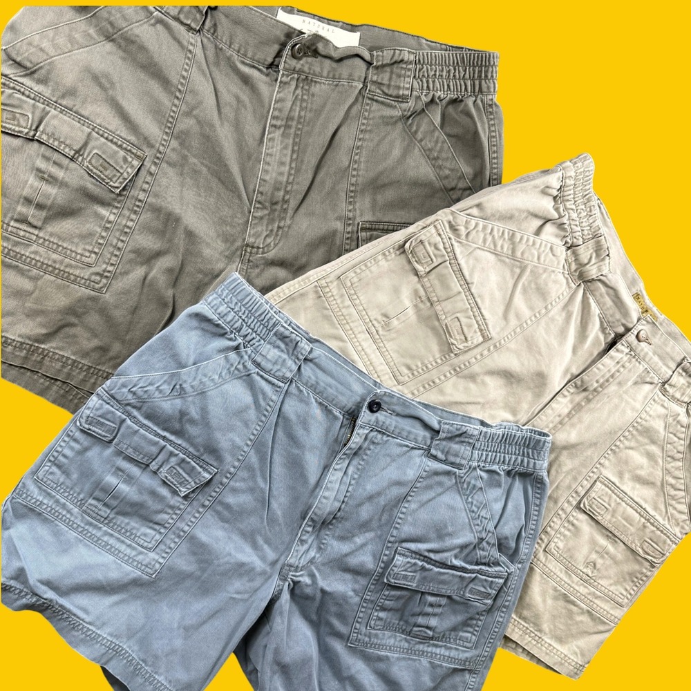 Lot of 3 Natural Issue Cargo Shorts Men 36 Elastic Waist Cotton Hiking Vacation
